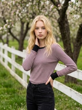 NWT POPSUGAR Ribbed Long-Sleeve Top in Red and Black Stripe Sz L